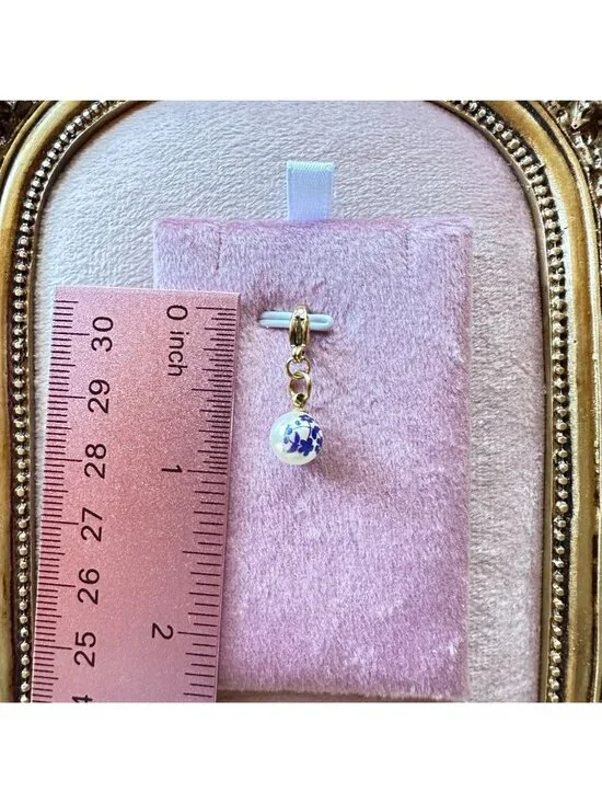 18K PVD Gold White Glass Bead Charm With Blue Floral Print & Gold Lobster Clasp - Picture 4 of 11